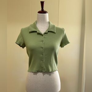 Reformation Jeans Cropped Ribbed Button Down Shirt Top Green Size M